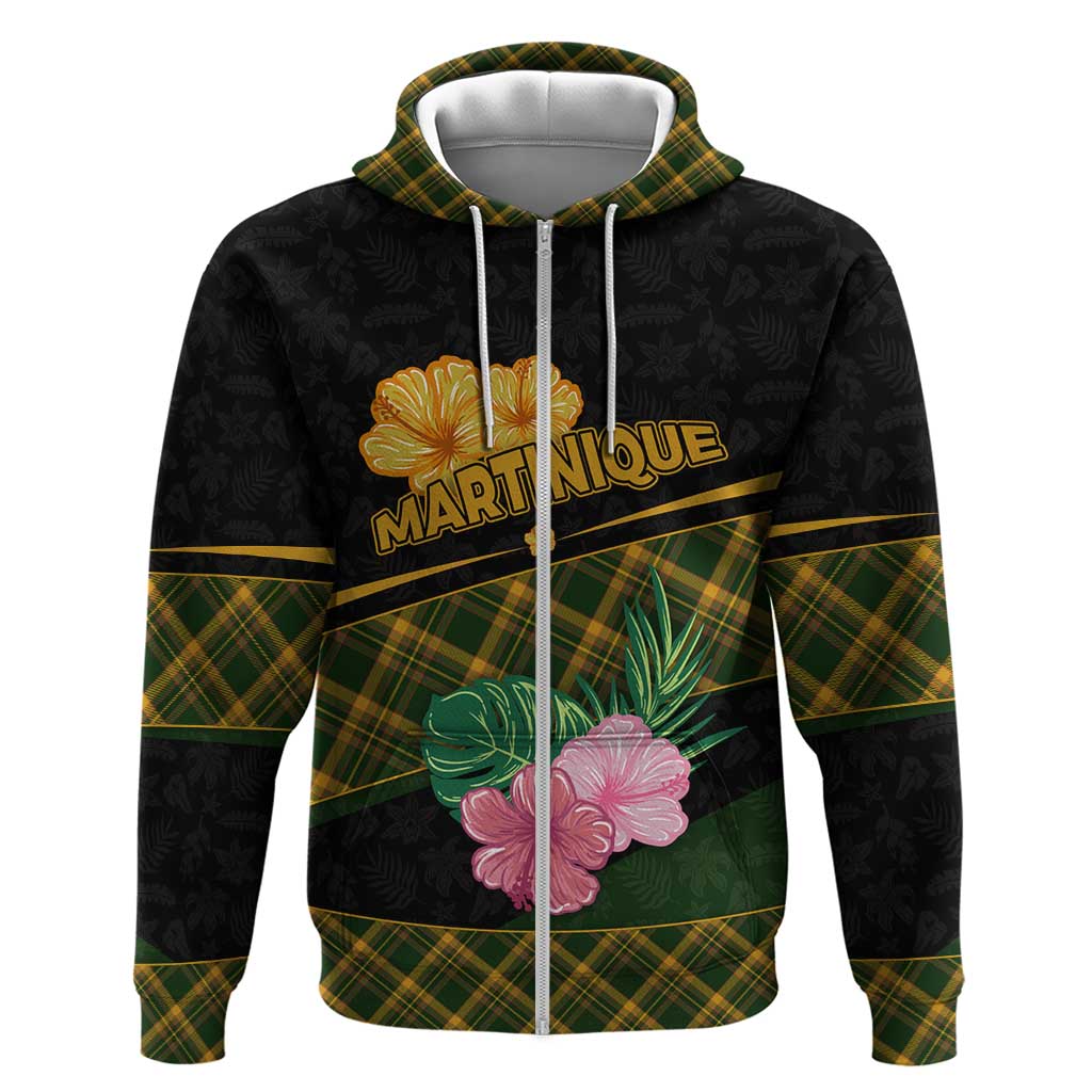 Martinique Heritage Zip Hoodie Hibiscus Floral Design with Green and Yellow Madras Tartan