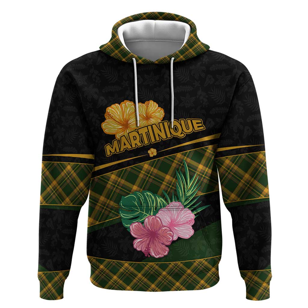 Martinique Heritage Zip Hoodie Hibiscus Floral Design with Green and Yellow Madras Tartan