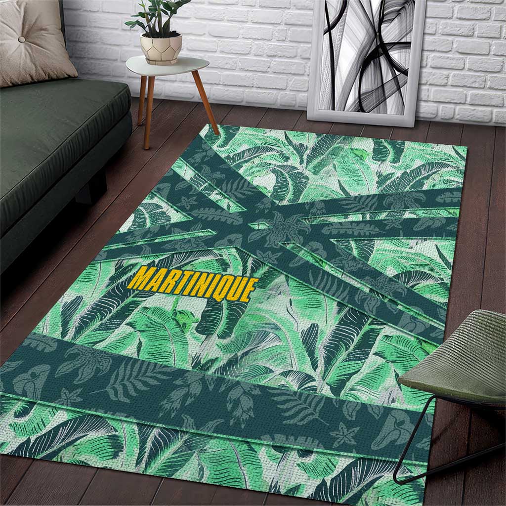 Martinique Pride Area Rug with Green Banana Leaf Print and Flag Patch Accents