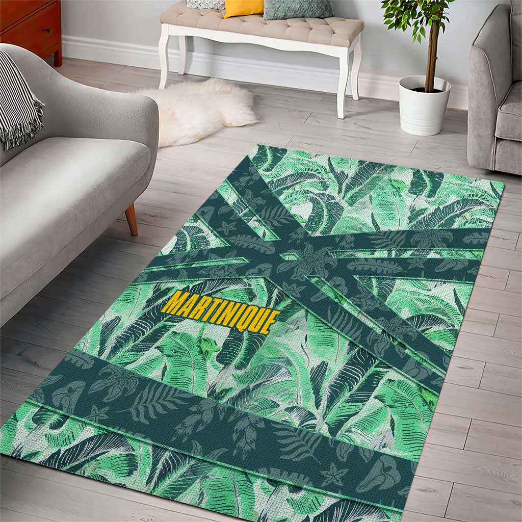 Martinique Pride Area Rug with Green Banana Leaf Print and Flag Patch Accents