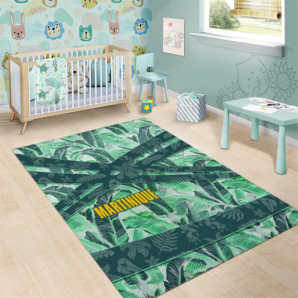 Martinique Pride Area Rug with Green Banana Leaf Print and Flag Patch Accents