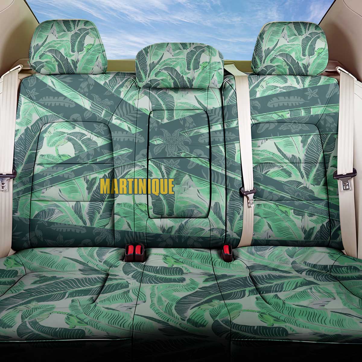 Martinique Pride Back Car Seat Cover with Green Banana Leaf Print and Flag Patch Accents