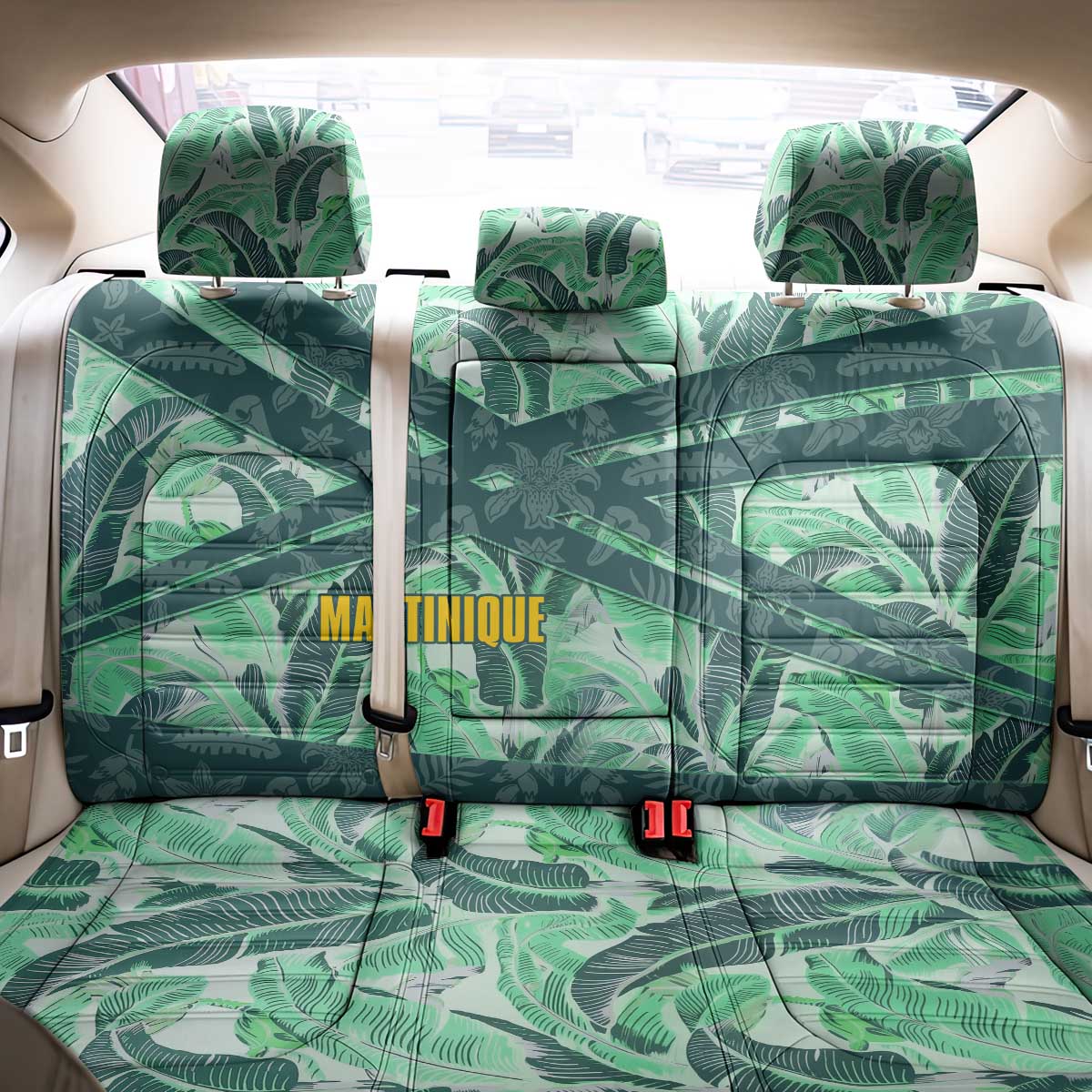 Martinique Pride Back Car Seat Cover with Green Banana Leaf Print and Flag Patch Accents