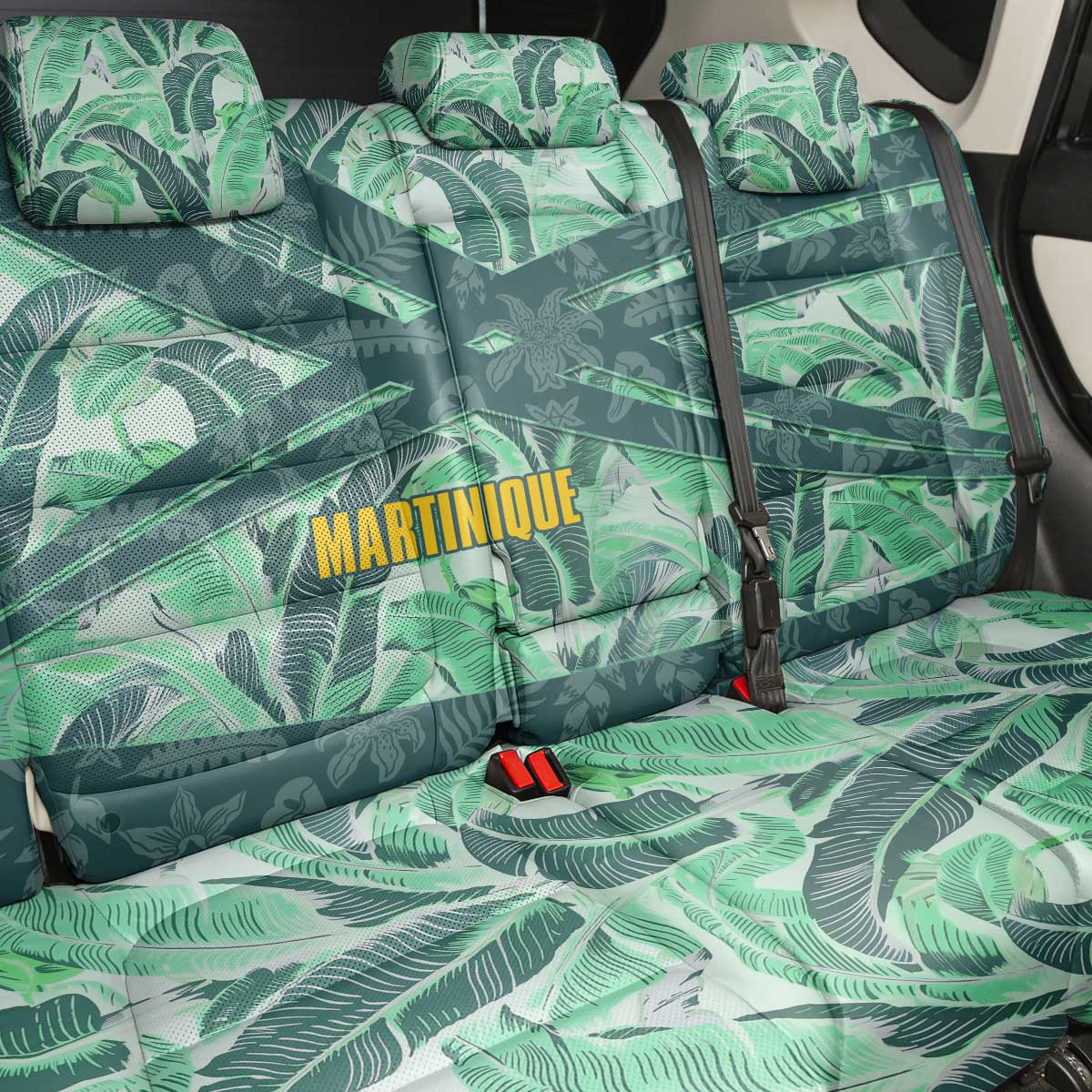 Martinique Pride Back Car Seat Cover with Green Banana Leaf Print and Flag Patch Accents