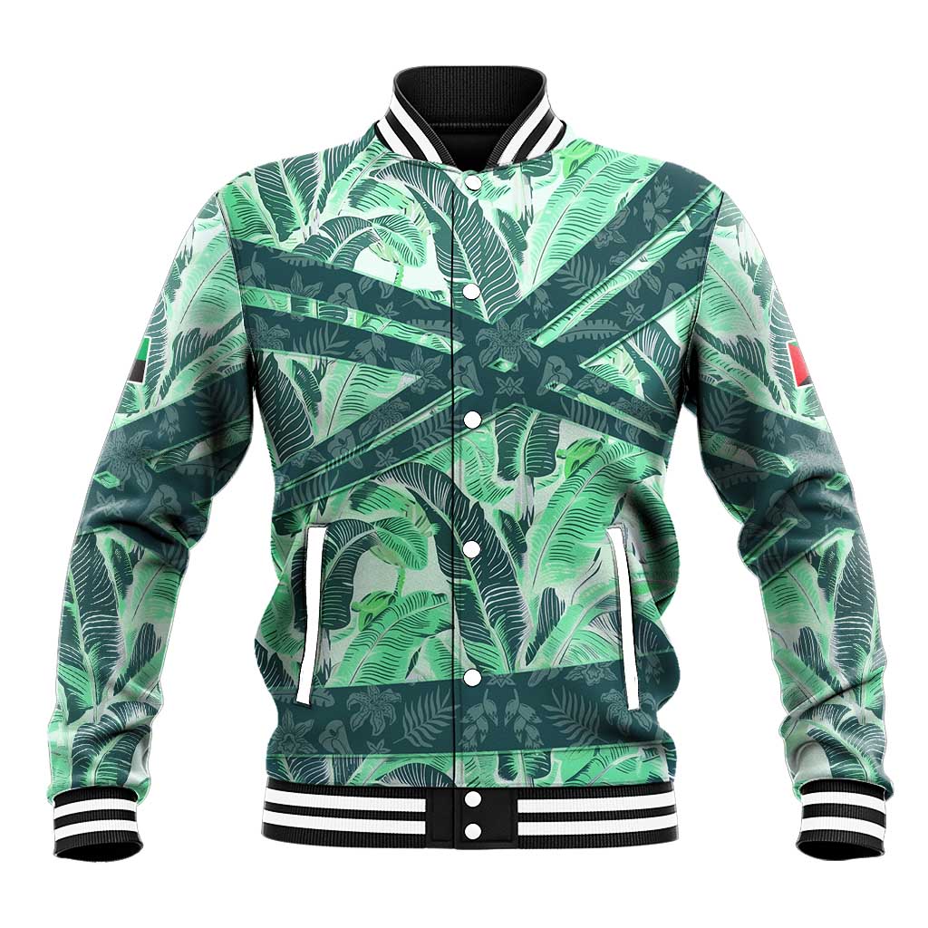 Martinique Pride Baseball Jacket with Green Banana Leaf Print and Flag Patch Accents