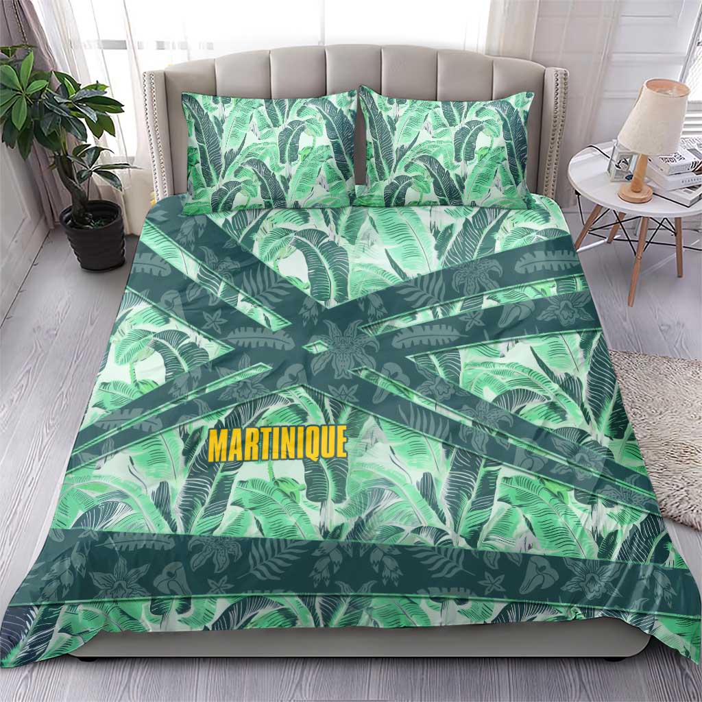 Martinique Pride Bedding Set with Green Banana Leaf Print and Flag Patch Accents