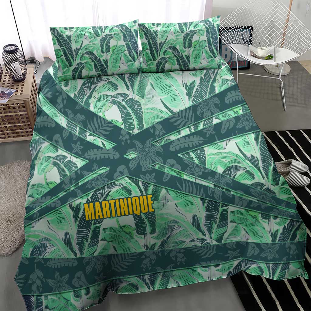 Martinique Pride Bedding Set with Green Banana Leaf Print and Flag Patch Accents