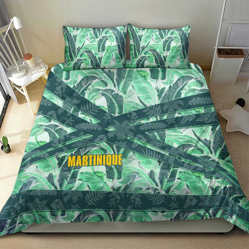 Martinique Pride Bedding Set with Green Banana Leaf Print and Flag Patch Accents