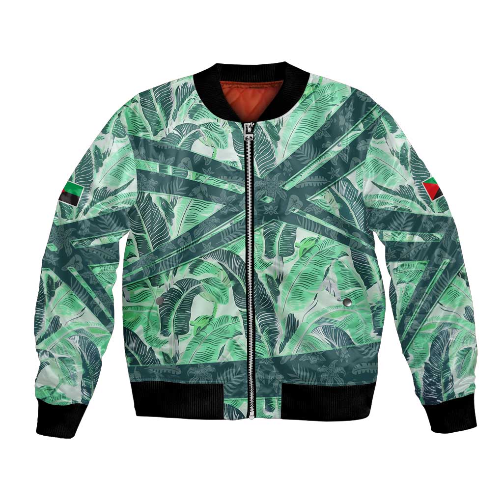Martinique Pride Bomber Jacket with Green Banana Leaf Print and Flag Patch Accents