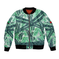 Martinique Pride Bomber Jacket with Green Banana Leaf Print and Flag Patch Accents