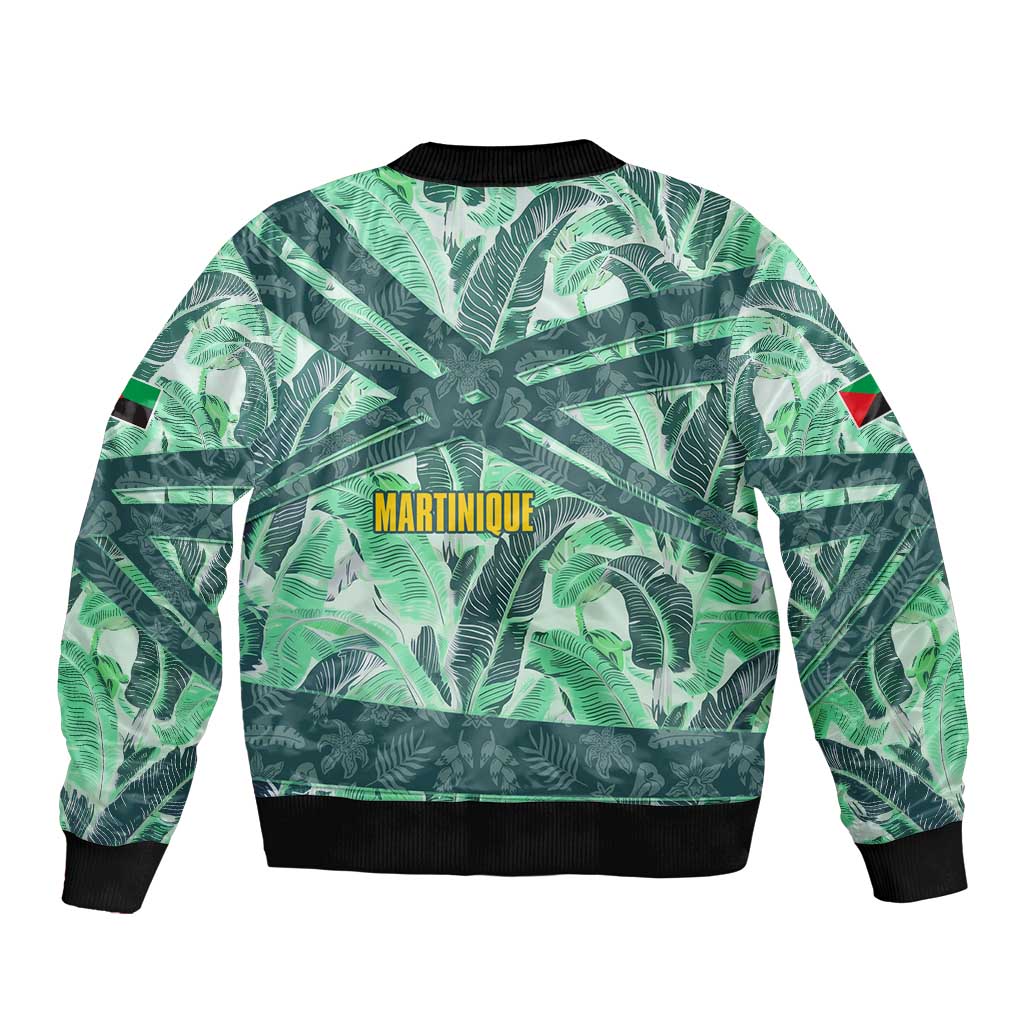 Martinique Pride Bomber Jacket with Green Banana Leaf Print and Flag Patch Accents