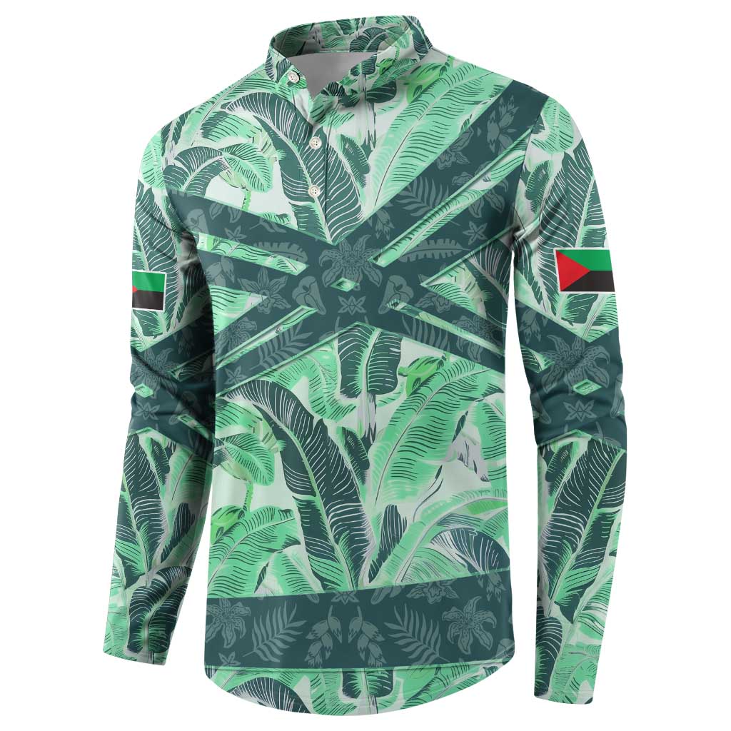 Martinique Pride Button Sweatshirt with Green Banana Leaf Print and Flag Patch Accents