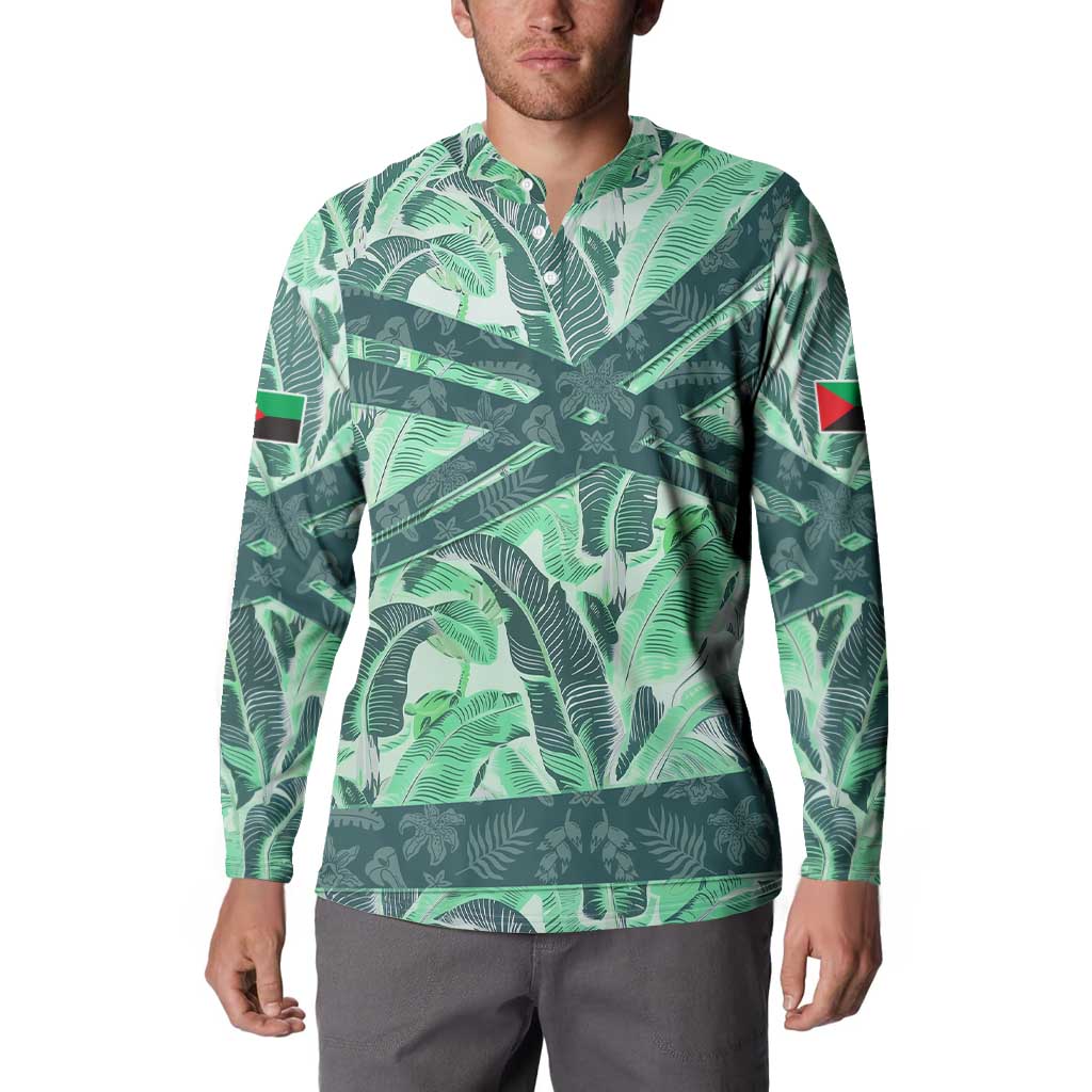 Martinique Pride Button Sweatshirt with Green Banana Leaf Print and Flag Patch Accents