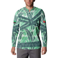 Martinique Pride Button Sweatshirt with Green Banana Leaf Print and Flag Patch Accents