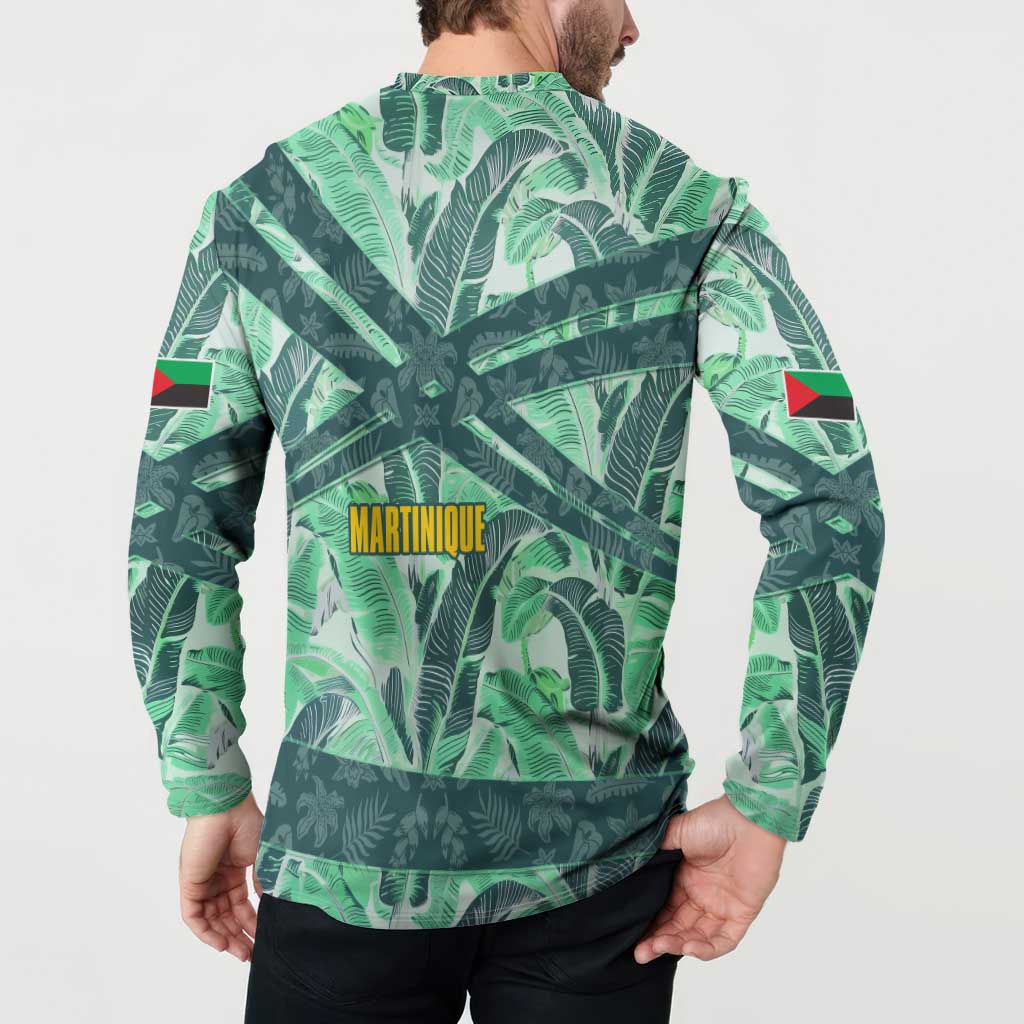 Martinique Pride Button Sweatshirt with Green Banana Leaf Print and Flag Patch Accents
