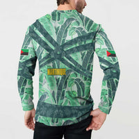 Martinique Pride Button Sweatshirt with Green Banana Leaf Print and Flag Patch Accents