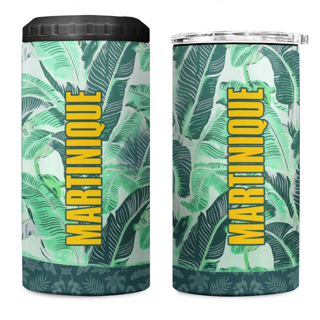 Martinique Pride 4 in 1 Can Cooler Tumbler with Green Banana Leaf Print and Flag Patch Accents
