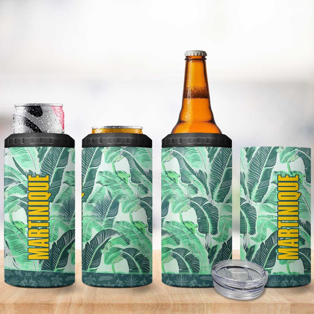 Martinique Pride 4 in 1 Can Cooler Tumbler with Green Banana Leaf Print and Flag Patch Accents