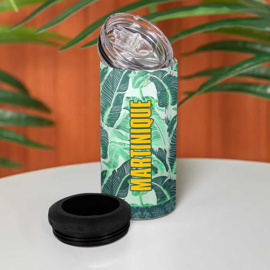 Martinique Pride 4 in 1 Can Cooler Tumbler with Green Banana Leaf Print and Flag Patch Accents