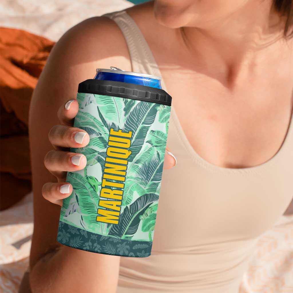 Martinique Pride 4 in 1 Can Cooler Tumbler with Green Banana Leaf Print and Flag Patch Accents