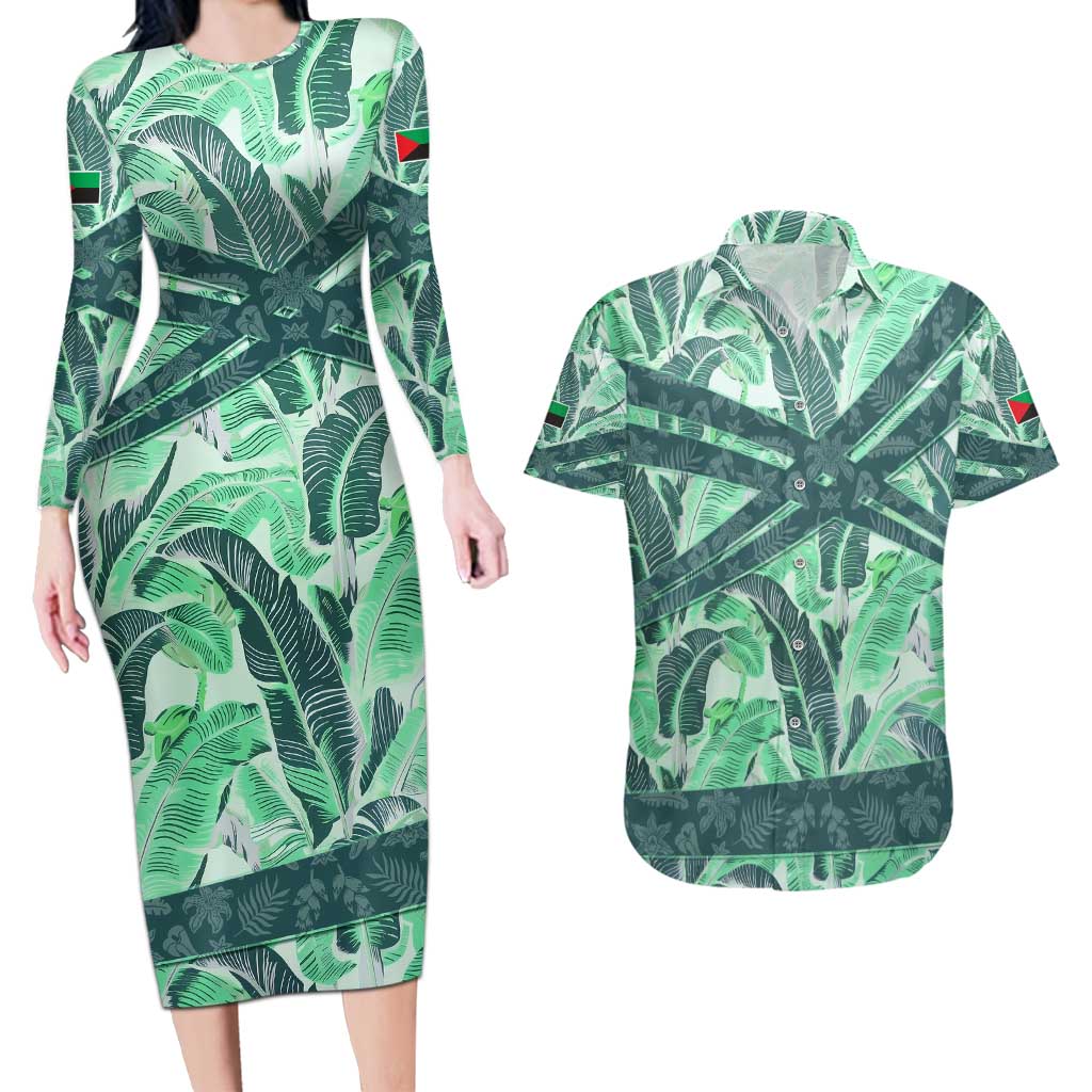 Martinique Pride Couples Matching Long Sleeve Bodycon Dress and Hawaiian Shirt with Green Banana Leaf Print and Flag Patch Accents