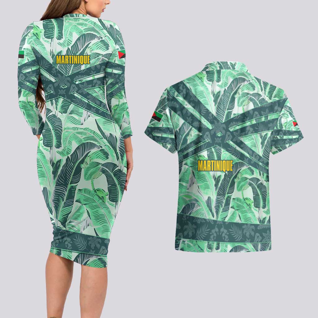 Martinique Pride Couples Matching Long Sleeve Bodycon Dress and Hawaiian Shirt with Green Banana Leaf Print and Flag Patch Accents