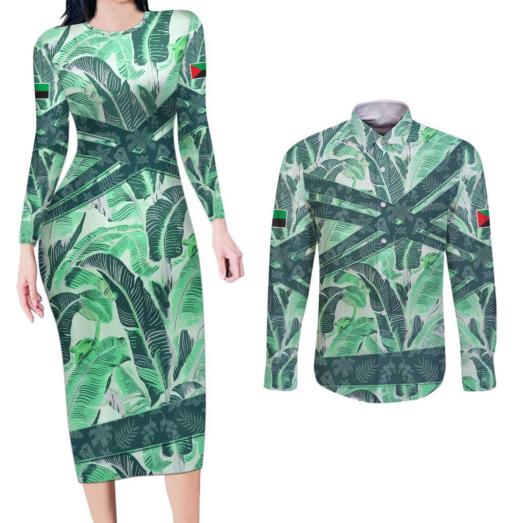 Martinique Pride Couples Matching Long Sleeve Bodycon Dress and Long Sleeve Button Shirt with Green Banana Leaf Print and Flag Patch Accents