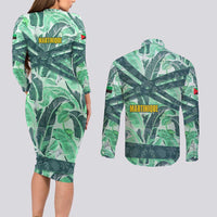 Martinique Pride Couples Matching Long Sleeve Bodycon Dress and Long Sleeve Button Shirt with Green Banana Leaf Print and Flag Patch Accents