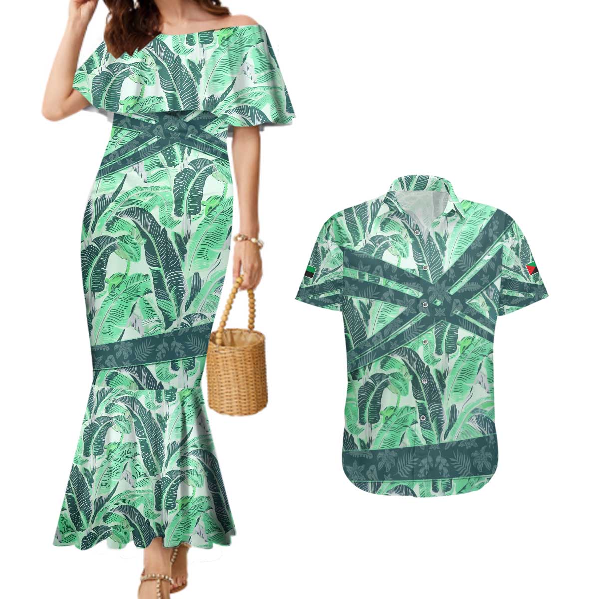 Martinique Pride Couples Matching Mermaid Dress and Hawaiian Shirt with Green Banana Leaf Print and Flag Patch Accents