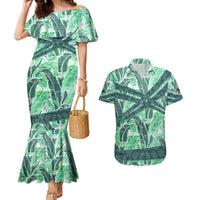 Martinique Pride Couples Matching Mermaid Dress and Hawaiian Shirt with Green Banana Leaf Print and Flag Patch Accents