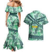 Martinique Pride Couples Matching Mermaid Dress and Hawaiian Shirt with Green Banana Leaf Print and Flag Patch Accents