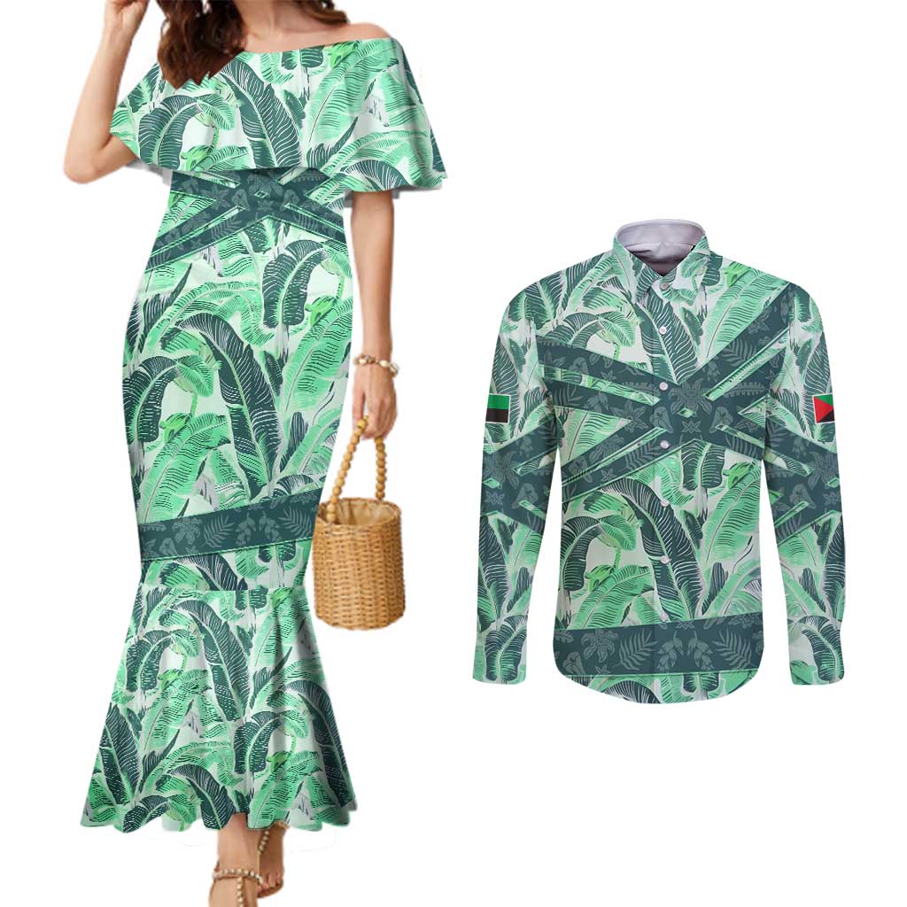Martinique Pride Couples Matching Mermaid Dress and Long Sleeve Button Shirt with Green Banana Leaf Print and Flag Patch Accents