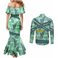 Martinique Pride Couples Matching Mermaid Dress and Long Sleeve Button Shirt with Green Banana Leaf Print and Flag Patch Accents