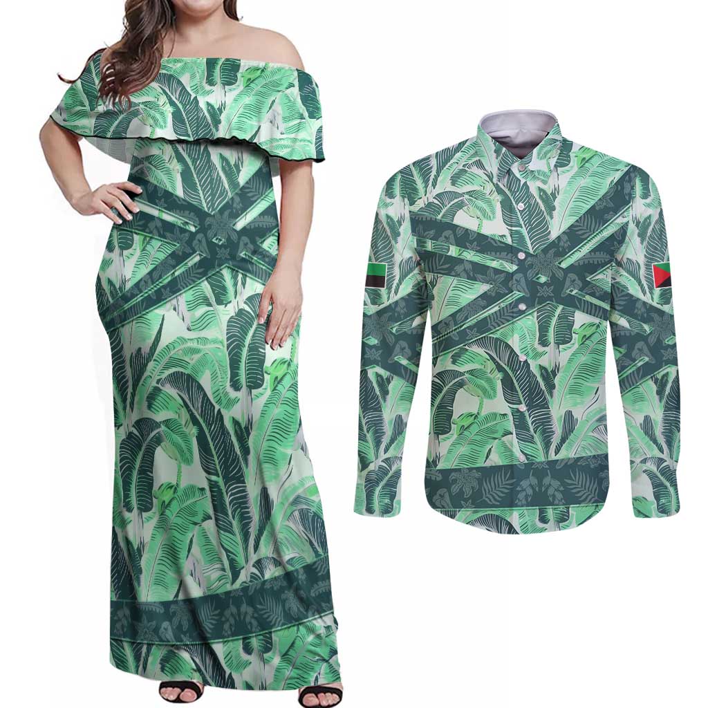 Martinique Pride Couples Matching Off Shoulder Maxi Dress and Long Sleeve Button Shirt with Green Banana Leaf Print and Flag Patch Accents