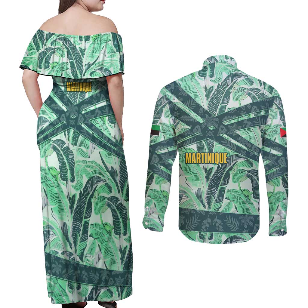 Martinique Pride Couples Matching Off Shoulder Maxi Dress and Long Sleeve Button Shirt with Green Banana Leaf Print and Flag Patch Accents