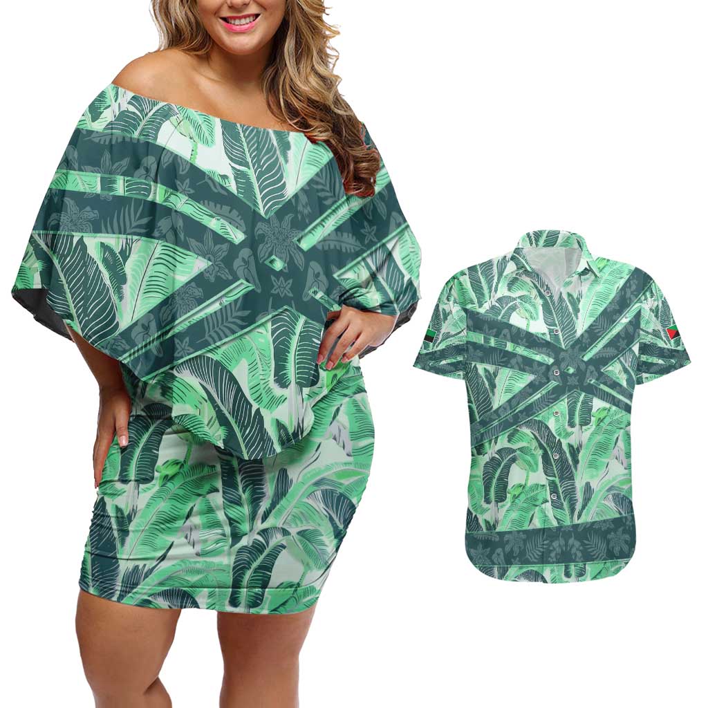 Martinique Pride Couples Matching Off Shoulder Short Dress and Hawaiian Shirt with Green Banana Leaf Print and Flag Patch Accents