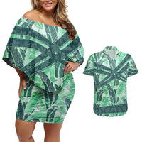 Martinique Pride Couples Matching Off Shoulder Short Dress and Hawaiian Shirt with Green Banana Leaf Print and Flag Patch Accents