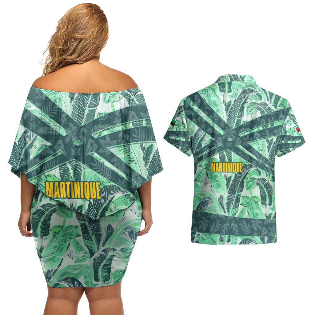 Martinique Pride Couples Matching Off Shoulder Short Dress and Hawaiian Shirt with Green Banana Leaf Print and Flag Patch Accents