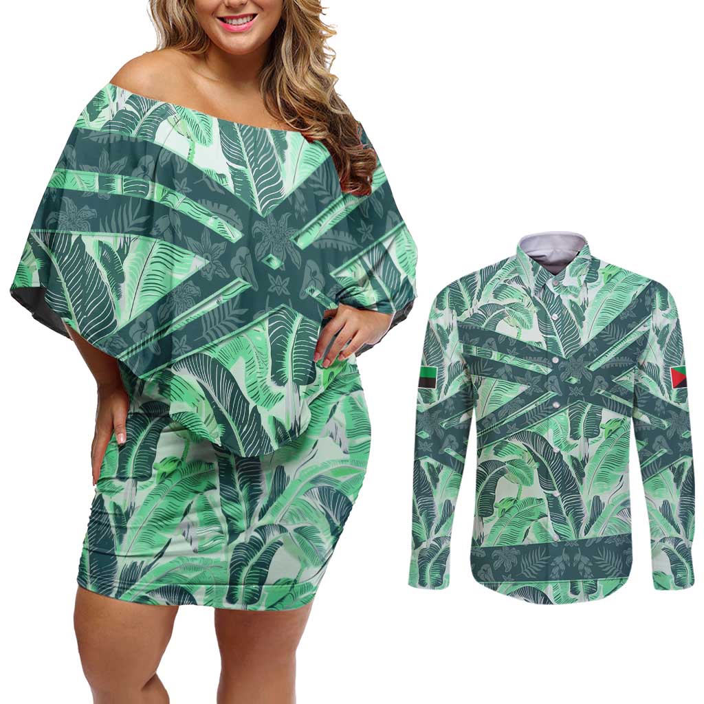 Martinique Pride Couples Matching Off Shoulder Short Dress and Long Sleeve Button Shirt with Green Banana Leaf Print and Flag Patch Accents