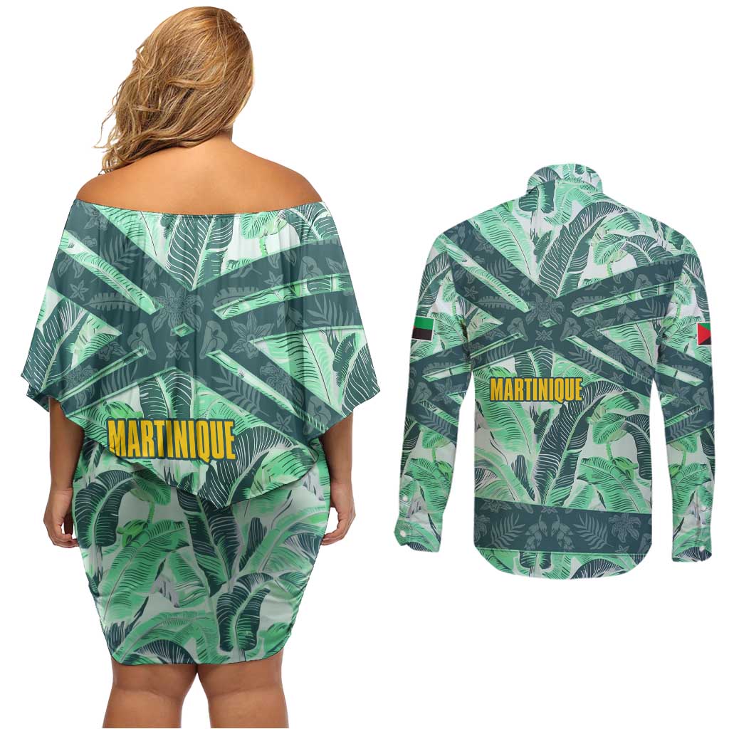 Martinique Pride Couples Matching Off Shoulder Short Dress and Long Sleeve Button Shirt with Green Banana Leaf Print and Flag Patch Accents
