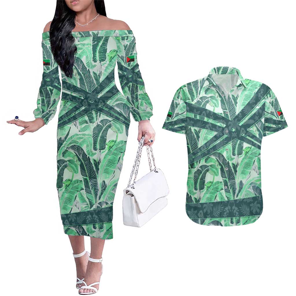 Martinique Pride Couples Matching Off The Shoulder Long Sleeve Dress and Hawaiian Shirt with Green Banana Leaf Print and Flag Patch Accents