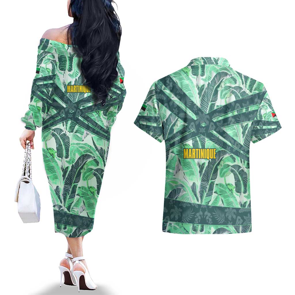 Martinique Pride Couples Matching Off The Shoulder Long Sleeve Dress and Hawaiian Shirt with Green Banana Leaf Print and Flag Patch Accents