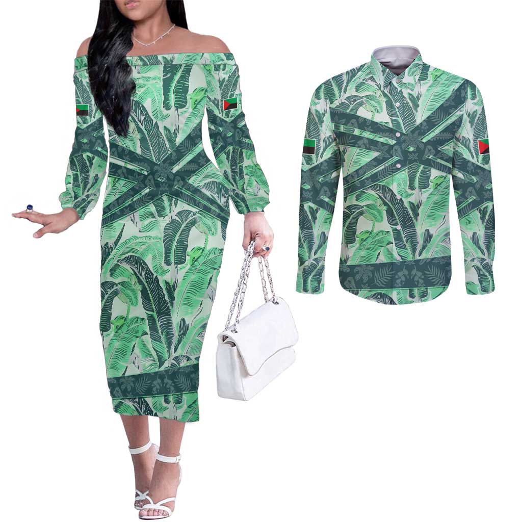 Martinique Pride Couples Matching Off The Shoulder Long Sleeve Dress and Long Sleeve Button Shirt with Green Banana Leaf Print and Flag Patch Accents