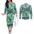 Martinique Pride Couples Matching Off The Shoulder Long Sleeve Dress and Long Sleeve Button Shirt with Green Banana Leaf Print and Flag Patch Accents