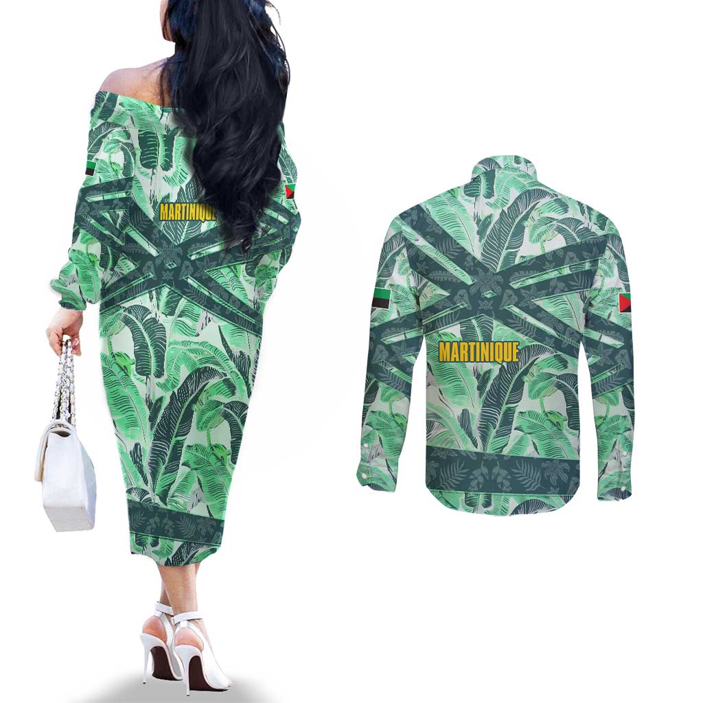 Martinique Pride Couples Matching Off The Shoulder Long Sleeve Dress and Long Sleeve Button Shirt with Green Banana Leaf Print and Flag Patch Accents