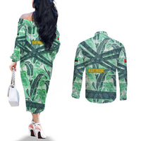 Martinique Pride Couples Matching Off The Shoulder Long Sleeve Dress and Long Sleeve Button Shirt with Green Banana Leaf Print and Flag Patch Accents