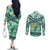 Martinique Pride Couples Matching Off The Shoulder Long Sleeve Dress and Long Sleeve Button Shirt with Green Banana Leaf Print and Flag Patch Accents