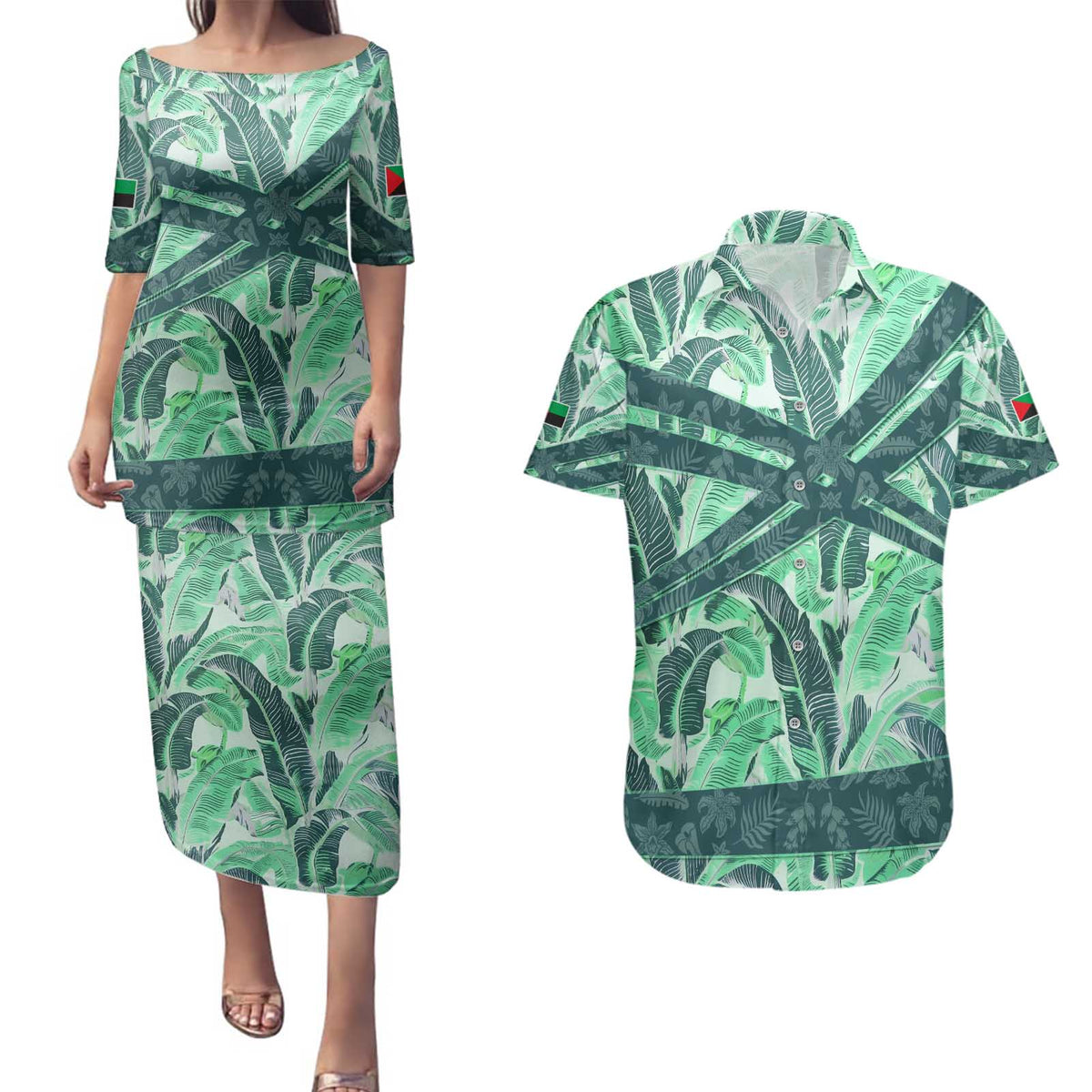 Martinique Pride Couples Matching Puletasi and Hawaiian Shirt with Green Banana Leaf Print and Flag Patch Accents