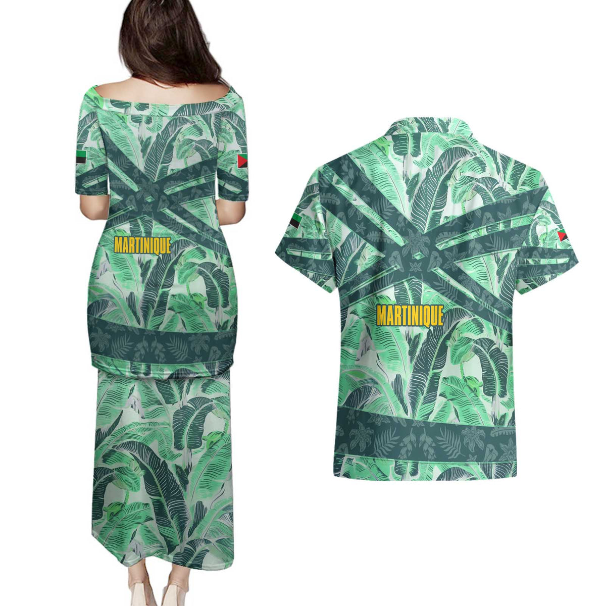 Martinique Pride Couples Matching Puletasi and Hawaiian Shirt with Green Banana Leaf Print and Flag Patch Accents