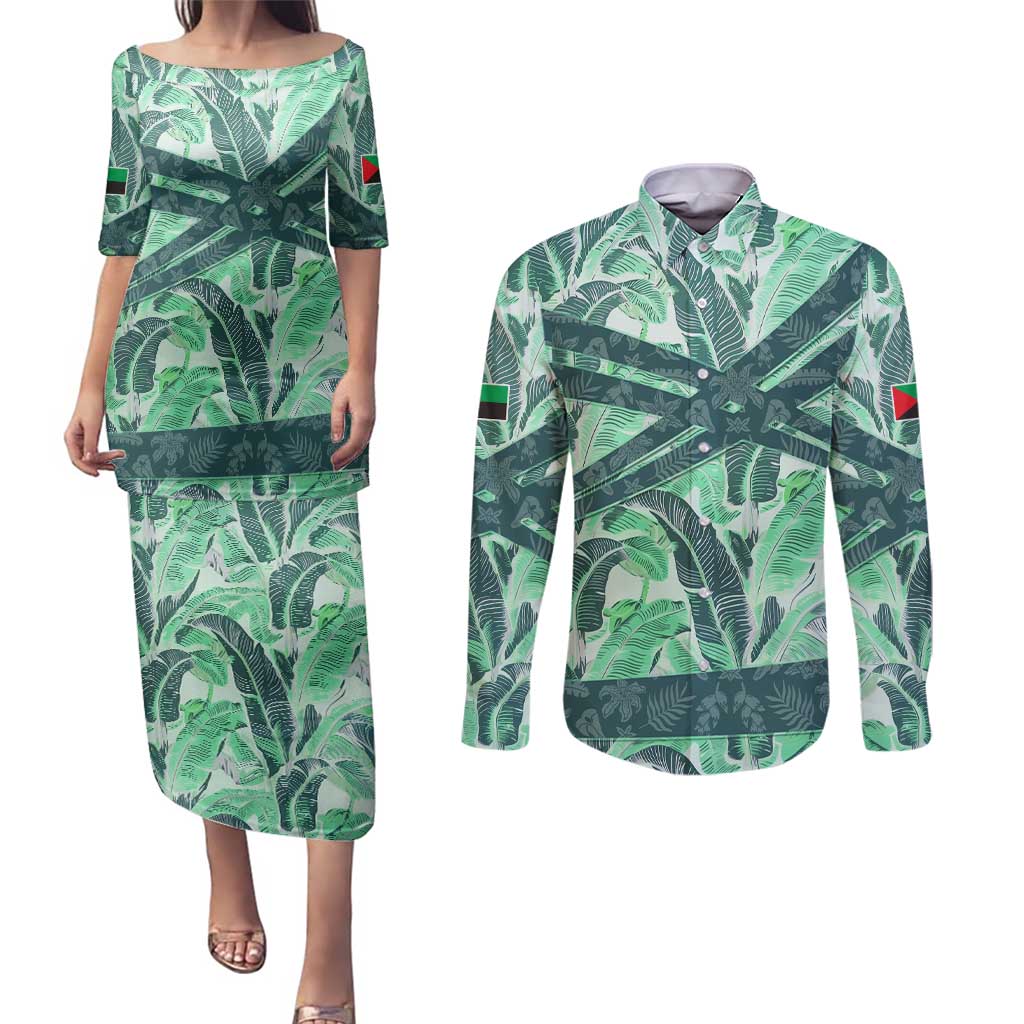 Martinique Pride Couples Matching Puletasi and Long Sleeve Button Shirt with Green Banana Leaf Print and Flag Patch Accents